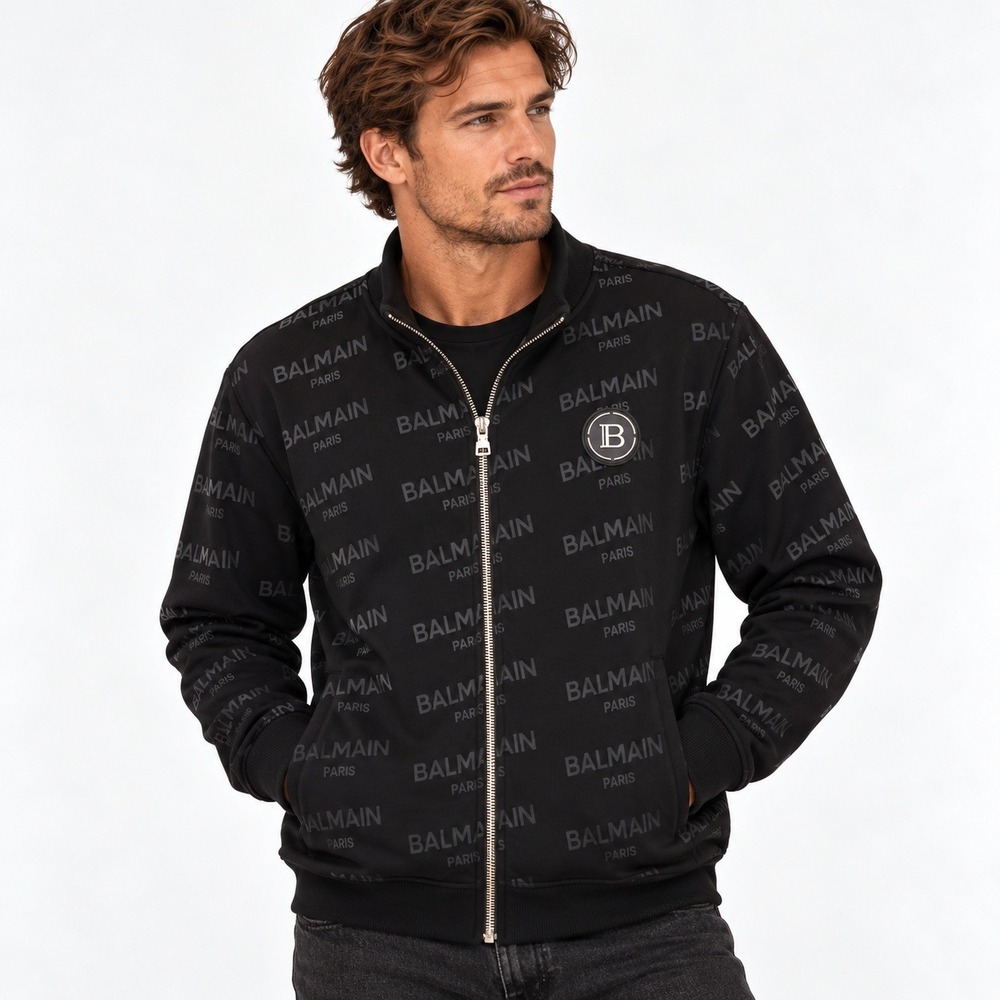 Balmain Full Zip Jacket Mens M Black Logo Print Patch Luxury Streetwear Designer